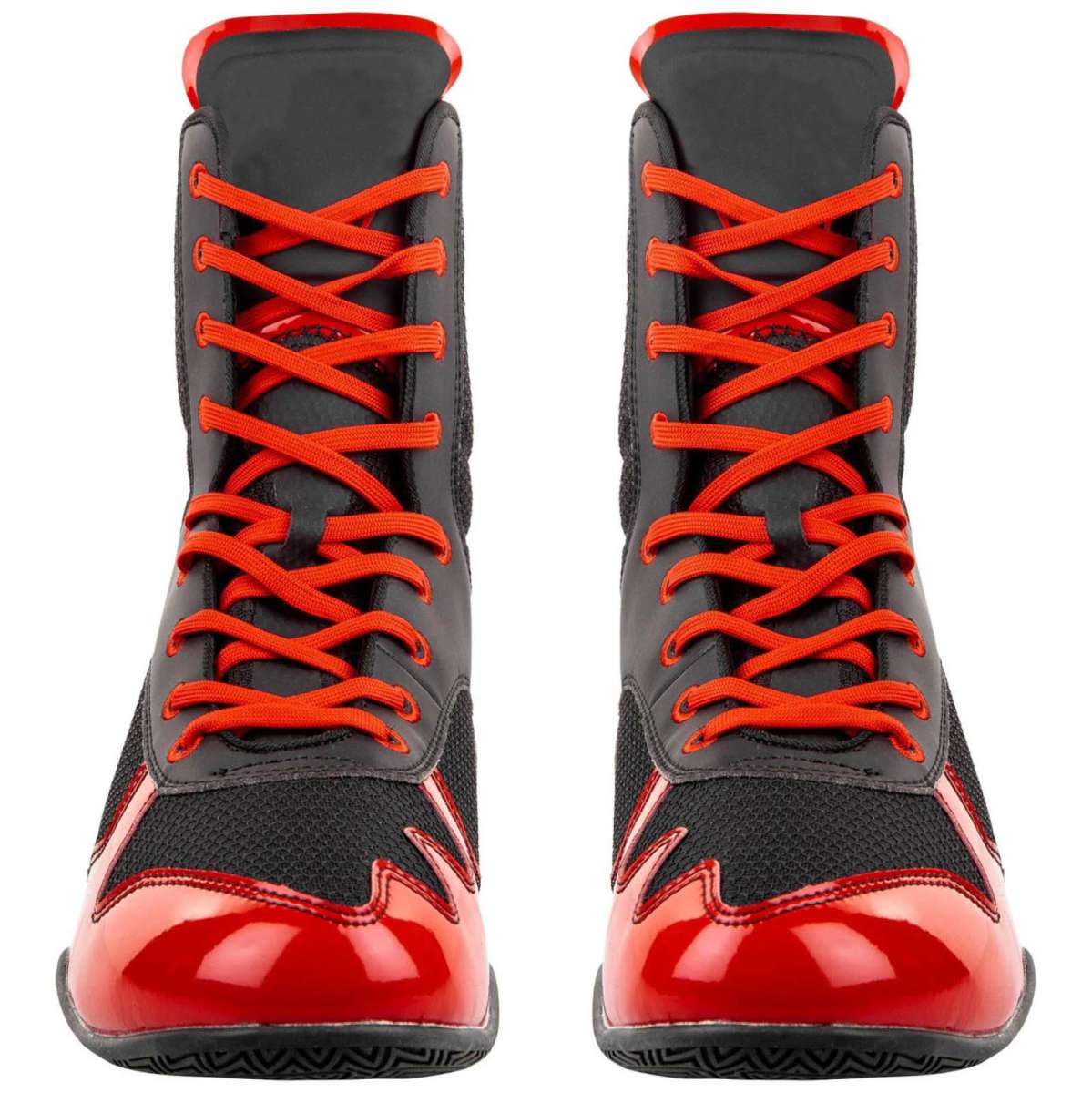 Black and Red High-Top Boxing Shoes with Mesh Panels and Glossy Toe